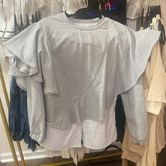 Chic Gray Ruffle Sweatshirt with Striped Hem - Picture 3 of 7